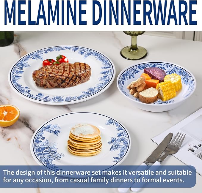 Melamine Dinnerware Sets-12pcs Floral Dinnerware Set Service for 4, Blue White Plates and Bowls Sets, Dishwasher Safe, Break-resistant, Outdoor Camping Picnics Use, Reusable, Traditional Flower