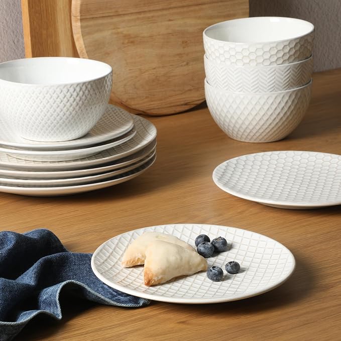 Gibson Elite Oyster Tide Embossed 12 Piece (Service for 4) Plates and Bowls Reactive Glaze Round Dishes Stoneware Ceramic Dinnerware Set, White