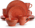 Elama Malibu Jasper 16-Piece Stoneware Embossed Pattern Reactive Glaze Orange Dinnerware Set, Tableware, Serveware Set (Jasper Orange)