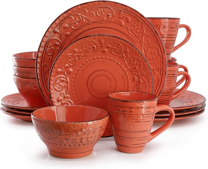 Elama Malibu Jasper 16-Piece Stoneware Embossed Pattern Reactive Glaze Orange Dinnerware Set, Tableware, Serveware Set (Jasper Orange)