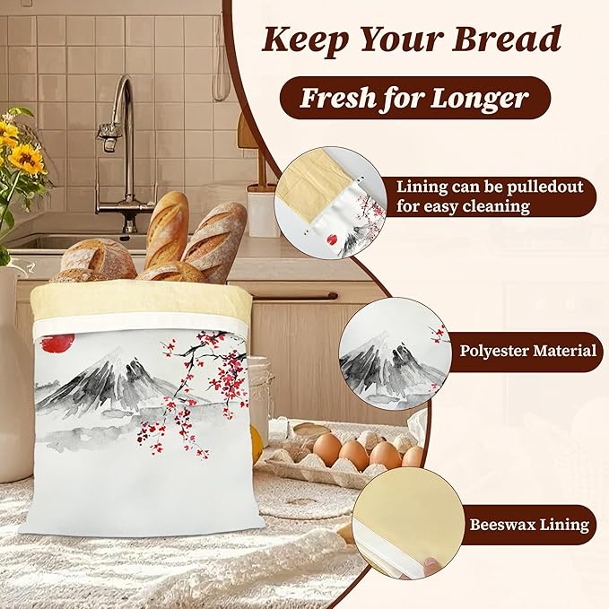 Bread Bags for Homemade Bread, Japanese Cherry Blossom Sun Fuji Mount-2 Pack Linen and Beeswax Sourdough Storage Bags, Reusable Keeper, Keeps Breads Fresh Longer, Gifts for Bakers