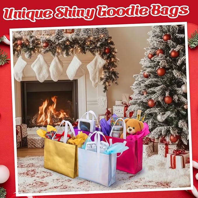 Eccliy Reusable Gift Bags Set Glossy Grocery Gift Tote Bag with Handle for Wedding, Bridal Shower, 4th of July, Summer Event(12 x 11 x 4.7 I Inch,Colorful,80 Pcs)