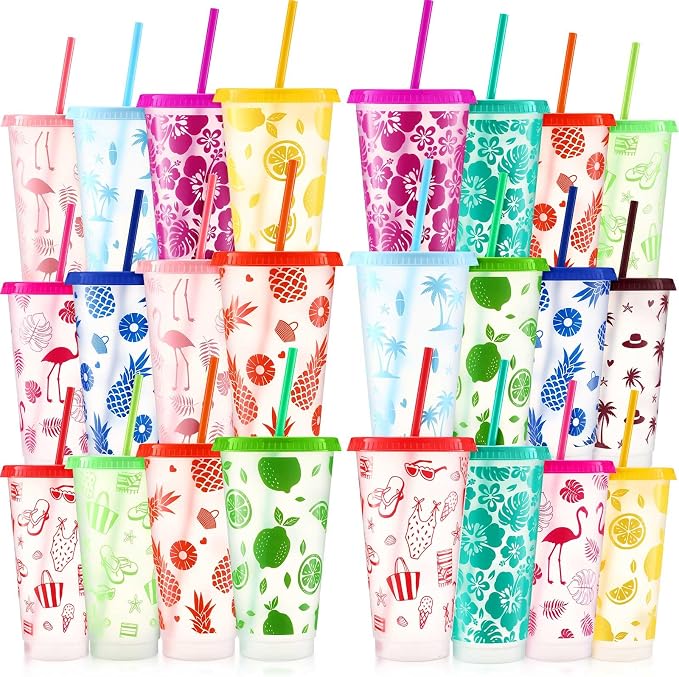 Cholemy 48 Pcs 24 oz Hawaiian Plastic Cups Bulk Luau Tumblers with Straw and Lid 12 Design Reusable Summer Travel Cups for Hawaiia Party Favors Luau Party Supplies