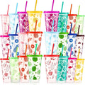 Cholemy 48 Pcs 24 oz Hawaiian Plastic Cups Bulk Luau Tumblers with Straw and Lid 12 Design Reusable Summer Travel Cups for Hawaiia Party Favors Luau Party Supplies
