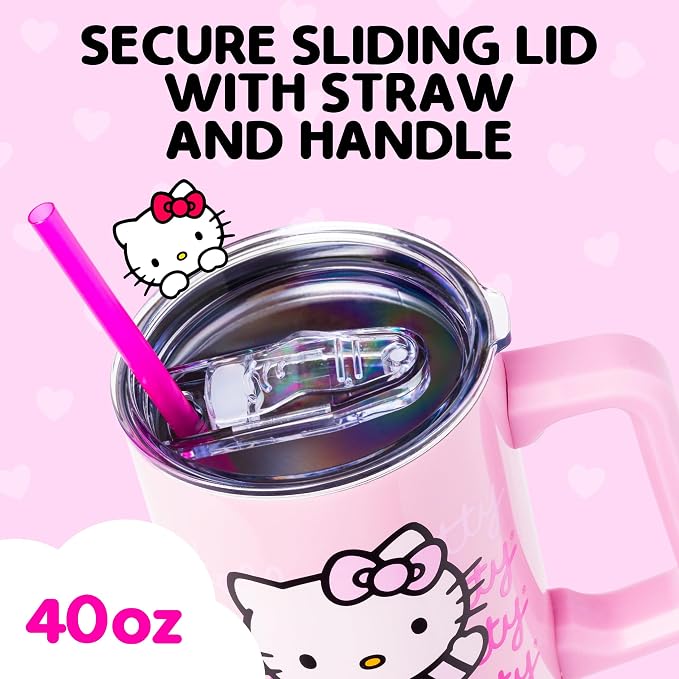 Silver Buffalo Sanrio Hello Kitty Waving Double Walled Stainless Steel Tumbler with Handle and Straw, Fits in Standard Cup Holder, 40 Ounces
