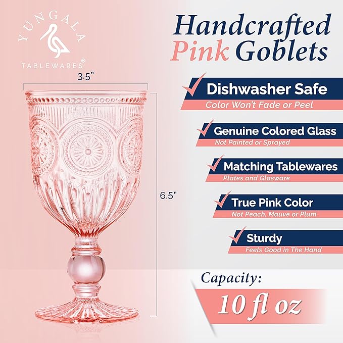 Pink Wine Glasses Set of 6 Vintage Hobnail Goblets 10 oz Transparent Glassware with Stems Dishwasher Safe
