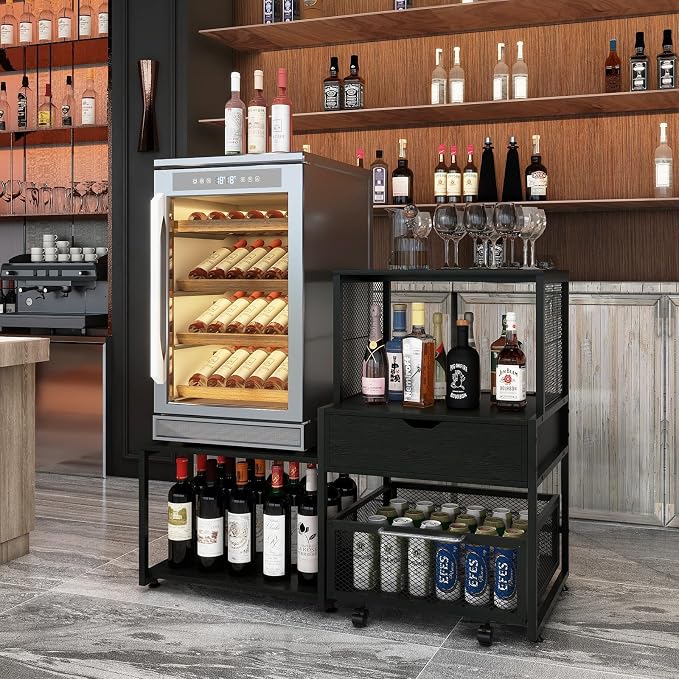 PUNCIA Coffee Bar Cabinet with Mini Fridge Stand Storage & Power Outlet | Microwave Oven Stand & Beverage Refrigerator Table, Built-in Drawer Rolling Basket for Dorm Apartment Pantry Organizer