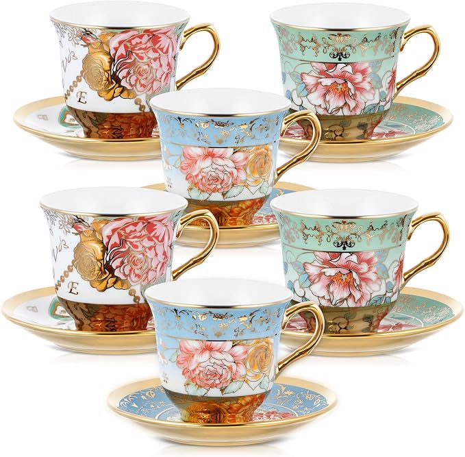 Teenyyou Set of 6 Tea Cups and Saucers Tea Party Decorations Floral Porcelain 5.4 oz British Gift for Women Birthday Party, Church, and Mother's Day (Classic Style)