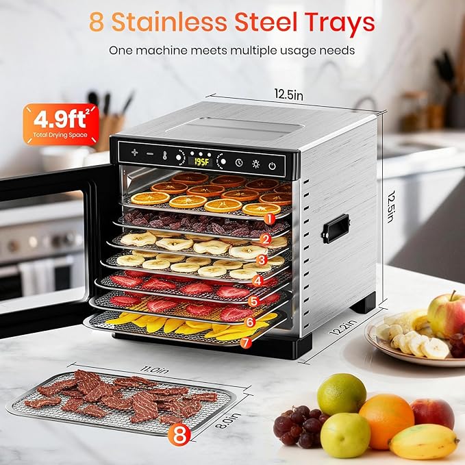 Food Dehydrator, 8 Stainless Steel Trays Food Dryer with Visible Skylight and Built-in Lighting, 195°F Dehydrated Dryer for Jerky, Pet Treats, Herbs, Meat, Fruit and Yogurt, Silver