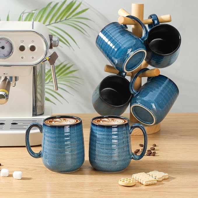 Coffee Mugs, 15 Ounce Ceramic Coffee Mug Set of 6, Reactive Glaze Tea Cups with Handle for Milk, Hot Cocos, Latte, Cappuccino, Blue Cup Gift for Man and Women, Dishwasher and Microwave Safe