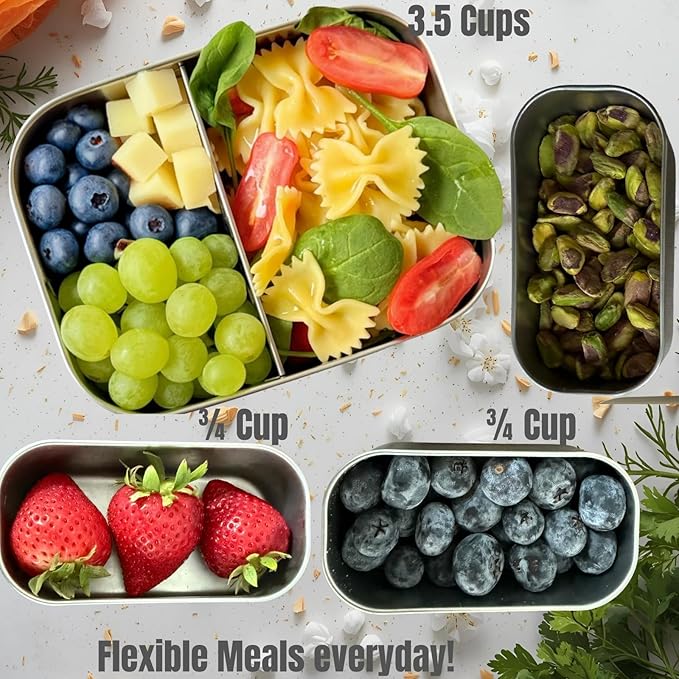 Modaniam 27 OZ Leak proof Stainless Steel Lunch Box containers, Stainless Steel Lunch Containers, Bento box, Metal Lunch Containers, Snacks container, Black, Small - 27 Oz+ 2 * 6.5Oz