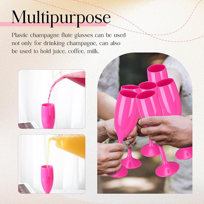 Maxcheck 24 Pcs Champagne Flutes Bulk Acrylic Toasting Drinking Flute Unbreakable Goblet Champagne Cups 6 oz Plastic Wine Glasses for Mother's Day Wedding Bridal Shower Anniversary Party (Hot Pink)