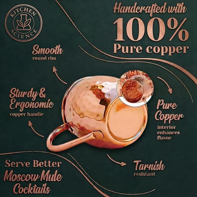 Kitchen Science Premium Hammered Copper Moscow Mule Mugs Set of 8 | Food-Graded-Lacquer Coating | Thick Wall- Cocktail Cups | Ideal for Cocktails, Beer & Gifting