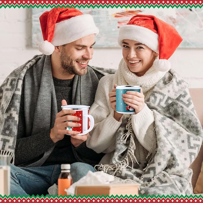 Sliner 12 Pcs Christmas Enamel Mugs, 12 oz Coffee Mugs Bulk Hot Chocolate Mug Set Cute Enamel Tea Cups Winter Holiday Christmas Employee Gift for Family Coworkers (Festive Celebration)