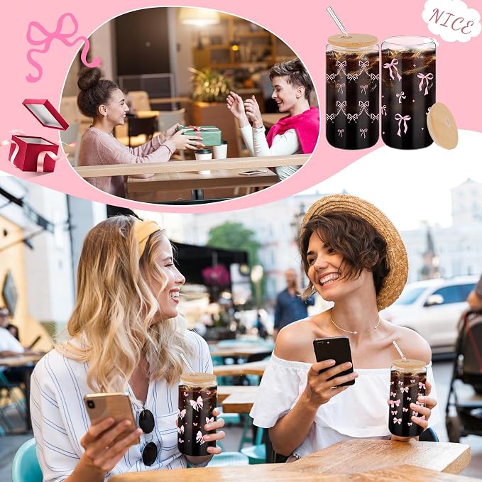 Mumufy 8 Sets Coquette Bow Glass Cups with Clear Gift Bag 16 oz Reusable Pink Iced Coffee Mugs Aesthetic Cute Tumbler with Lids and Straws, Gifts for Girls Women Bridesmaid