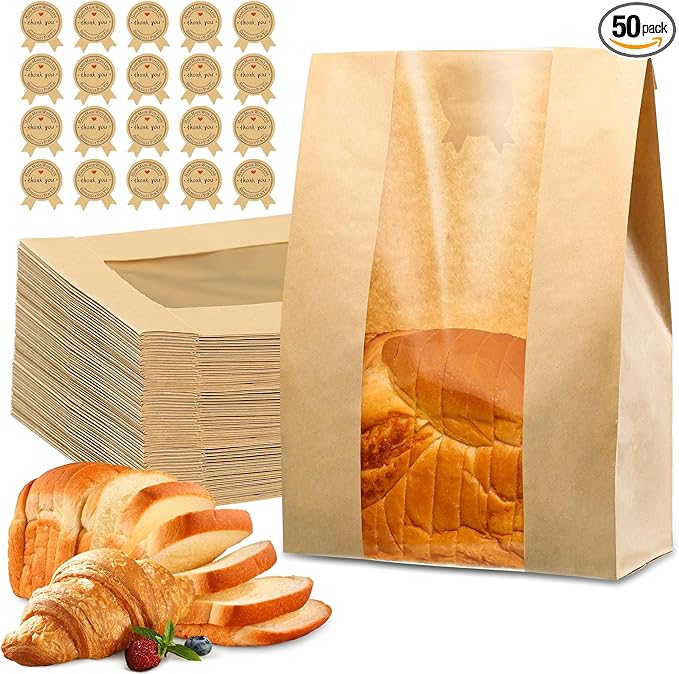 50 Pcs Bread Bags for Homemade Bread, Sourdough Paper With Window, 50% Thicker 13.7x8.2x3.7in A Large Bakery Bags Used for Storage Cookies & Snacks, 60 Cute Sealing Stickers With Ties