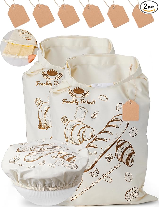 Beeswax Bread Bags 2 Pack Reusable Sourdough for Homemade, Large Washable Cotton Linen Food Storage with Removable Wax Liner, Plastic Free Eco Friendly Biodegradable Camping Ready Bento 17x13 Inch