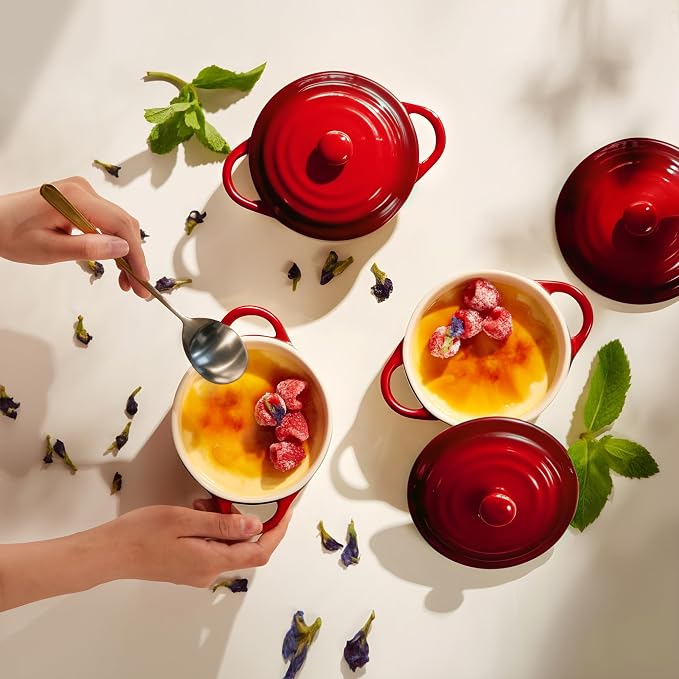 Kook Ceramic Mini Cocotte Set, Small Casserole Dishes with Lids and Handles, Individual Baking Ramekins, Oven safe 350F, Microwave & Dishwasher Safe, Stoneware, 12 oz, Set of 4, (Crimson Ombre)