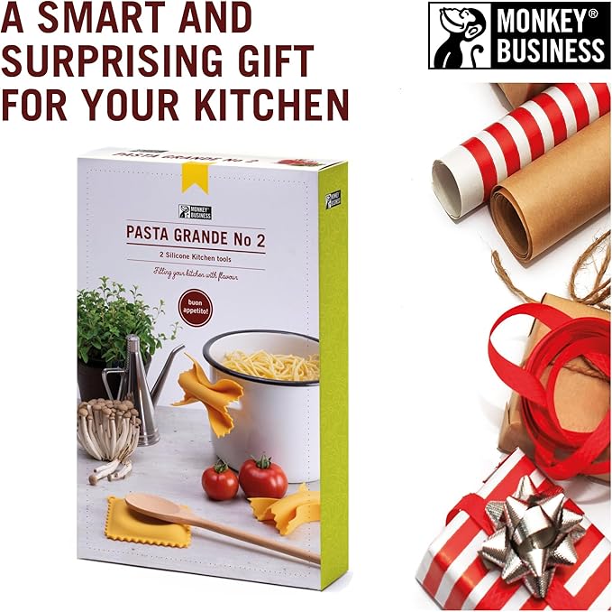 Monkey Business Pasta Shaped Silicone Kitchen Tools in a Gift Box / 2 of Our Big Pasta Shaped Kitchen Gadgets/Farfalloni Shaped Pot Grips, and Ravioli-Shaped Spoon Rest/Pasta Grande No. 2