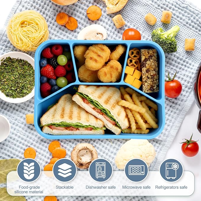 Honeydak 4 Pcs Silicone Bento Box Reusable Lunch Container 4 Compartment Snack Boxes with Lid Smooth LeakProof Rectangle Food Boxes for Adult Work Travel Food Storage (Cute Color)