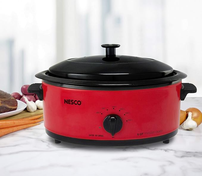 NESCO 4816-12, Roaster Oven with Porcelain Coated Steel Cookwell, Red, 6 quart, 750 watts