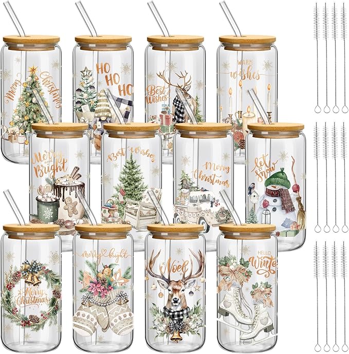 Teenyyou 12 Set of Christmas Glasses with Bamboo Lid and Glass Straw 16 oz Christmas Drinking Cup Beer Iced Coffee Cup Xmas Tumbler Mugs for Women Men Holiday Party Office Gifts