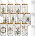 Teenyyou 12 Set of Christmas Glasses with Bamboo Lid and Glass Straw 16 oz Christmas Drinking Cup Beer Iced Coffee Cup Xmas Tumbler Mugs for Women Men Holiday Party Office Gifts