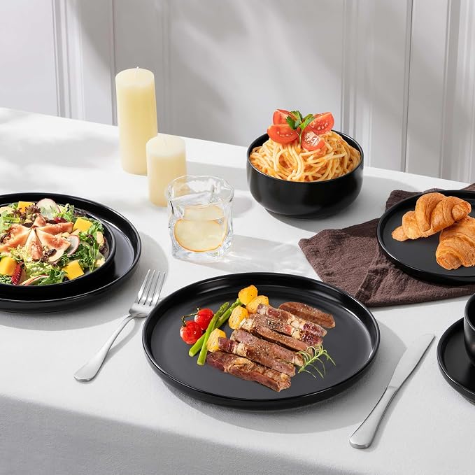 Herogo 12 Pieces Stoneware Dinnerware Sets Service for 4, Dinner Plates and Bowls Sets, Double Reactive Glaze Dishes Sets for Kitchen, Scratch Resistant, Microwave & Dishwasher Safe, Matte Black