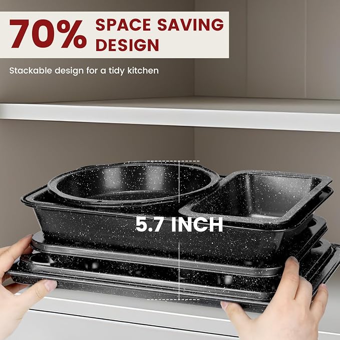 Terlulu 10-Piece Baking Pans Set, Bakeware Sets Nonstick, Baking Set for Oven Cooking, Stackable Carbon Steel Set Include Cookie Sheets, Muffin Pan, Cake Pan, Pizza Pan, Loaf Pan, Roasting Pan, Black