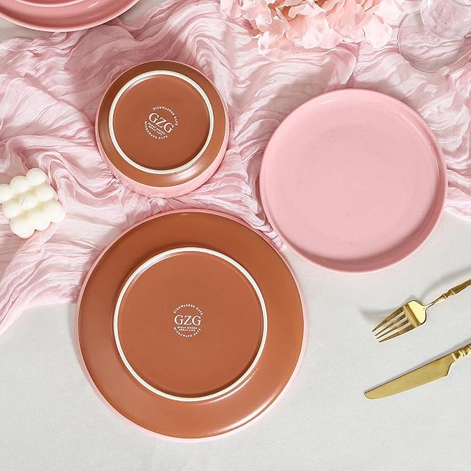 GZG Modern Art Series - 24 Pcs Speckled Stoneware Plates and Bowls Sets, Ceramic Dinnerware Set with Rustic Terracotta Underside, Microwave and Dishwasher Safe Handcrafted Dishes Set - Blush Pink