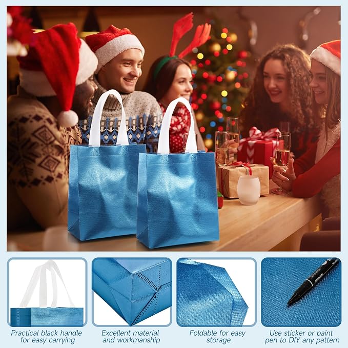 Eccliy Reusable Gift Bags Set Glossy Grocery Gift Tote Bag with Handle for Wedding, Bridal Shower, 4th of July, Summer Event(10 x 8 x 4.7 Inch,Lake Blue,80 Pcs)