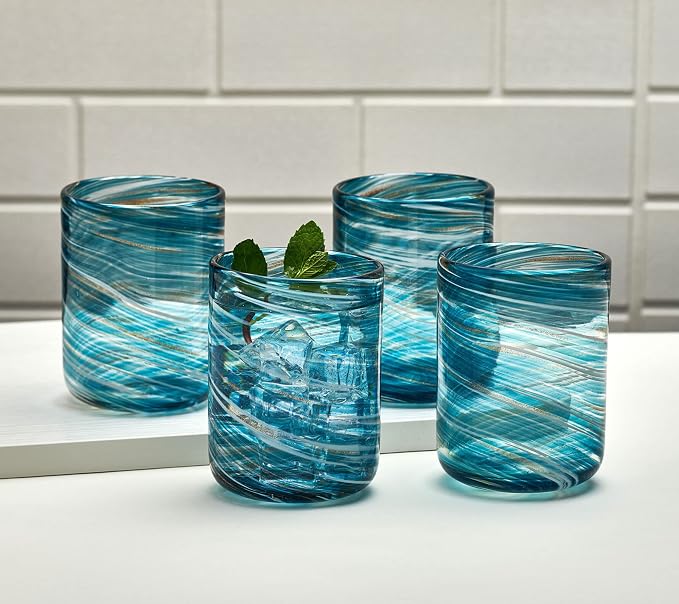 Mikasa Color Swirl Rocks Double Old Fashioned Glasses, Set of 4, Blue
