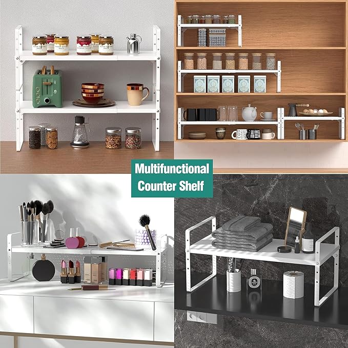 SUZLON Expandable Cabinet Shelf Organizer Rack, Stackable Kitchen Counter Storage Shelves Stand, Adjustable Height Pantry Shelf Spice Rack, Heavy Duty Nonslip White Small 3Pack