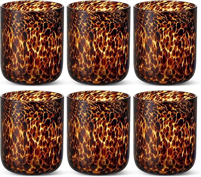 Honeydak Set of 6 Tortoise Leopard Print Brown 10 oz Rocks Glasses Stylish Stemless Cocktail Cups Glass Glassware Tumbler Ideal for Gin, Tequila, Vodka, Soft Drinks 3.2 x 3.2 x 4 in