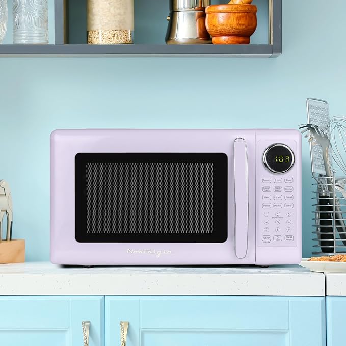 Nostalgia Modern Retro Compact Countertop Microwave Oven - 0.7 Cu. Ft. - 700-Watts with LED Digital Display - Child Lock - Easy Clean Interior - Lavender