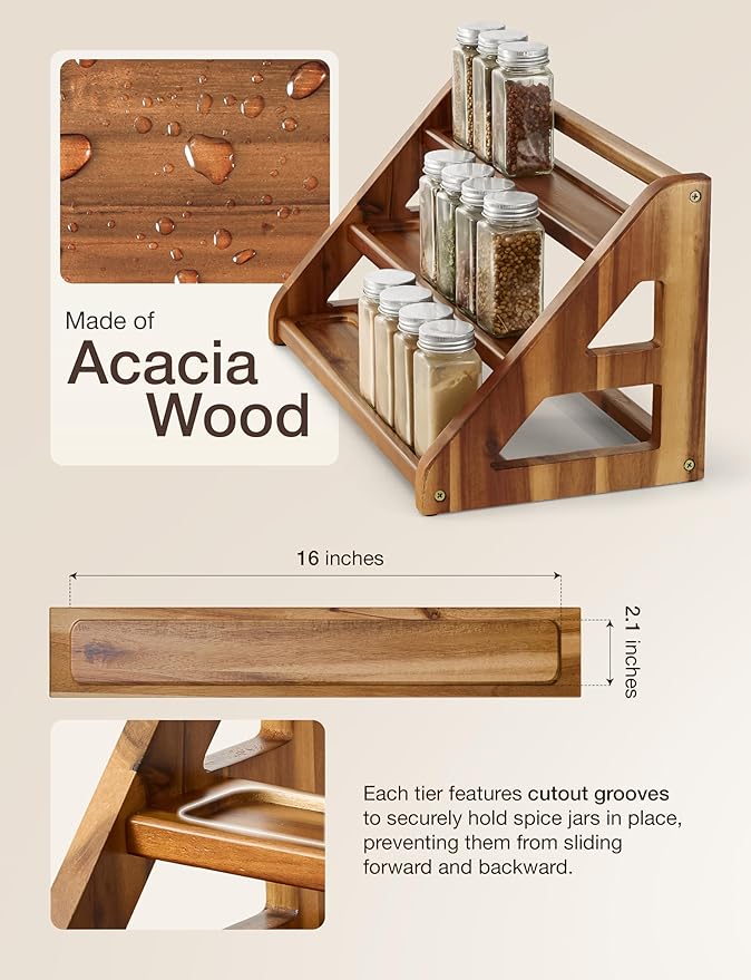 Tinamo Acacia Wood Spice Rack for Countertop - Wooden Tray Holds 24 Jars Spice Racks Organizer for Storage Shelf - 3 Tiered Spice Rack Organizer for Cabinet - Spice Shelf for Kitchen Pantry (Acacia)