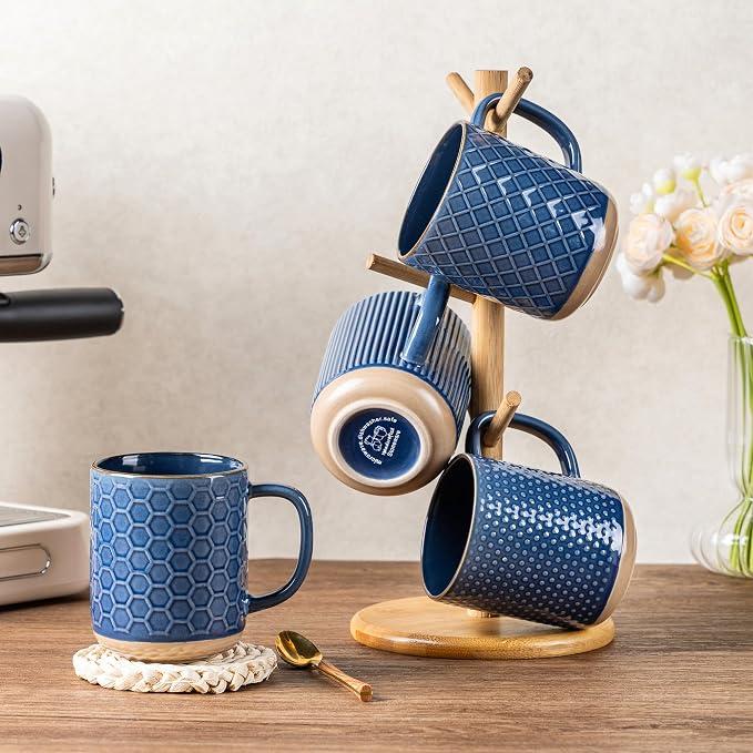 GBhome Large Coffee Mugs Set of 4, 16oz Handmade Stoneware Coffee Mugs Set with Large Handle for Cappuccino/Latte/Tea/Hot Cocoa, Dishwasher & Microwave Safe, Moonlight Blue