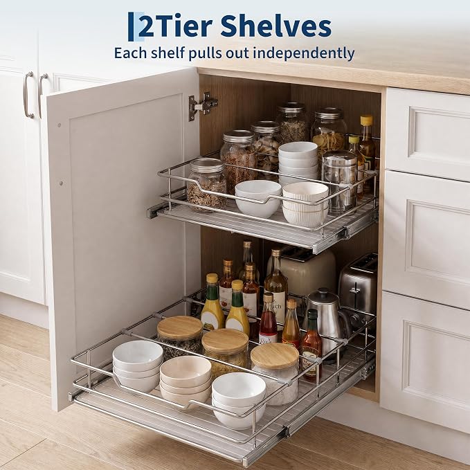 Garvee 2-Tier Pull Out Cabinet Organizer, Pullout Shelf and Drawer Organizer with Heavy-Duty Steel Frame, Slide Out Storage Basket for Kitchen, Pantry & Under Sink, 14" W x 21”D x 15" H
