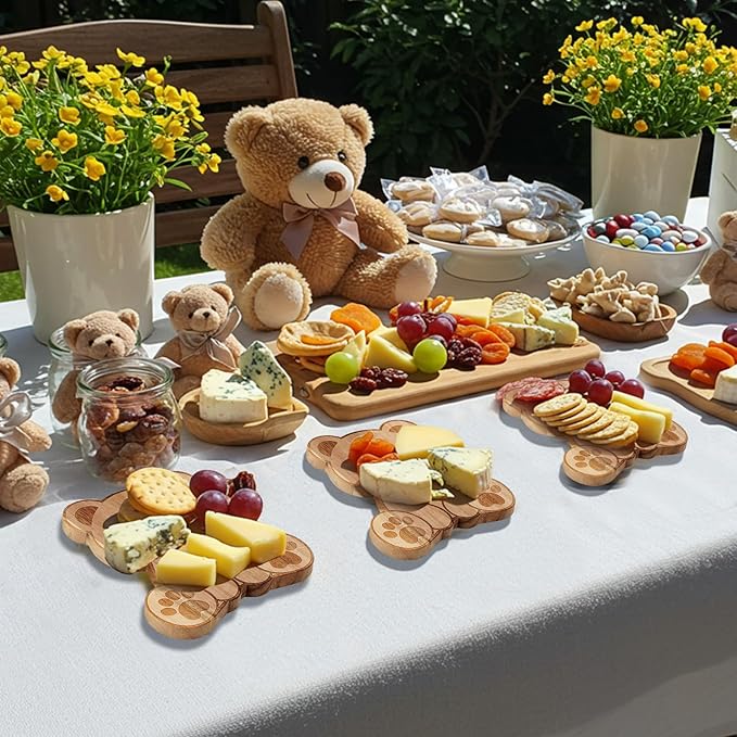 Ziliny 4 Set Baby Shower Prizes Bear Shaped Cheese Board with Cheese Knives and Forks Baby Shower Party Favors Gift Box for Wedding Bridal Birthday Gender Reveal Favor (Acacia Color)