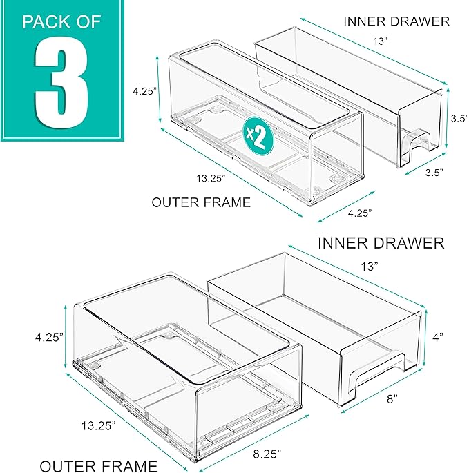 Sorbus 1 Medium and 2 Small Clear Stackable Storage Drawers, Plastic Storage Drawers with Handles, Craft, Clothes, Medicine, Makeup, Closet, Art Supply, Bathroom, Shoe, Toy Storage Organizer (3 Pack)