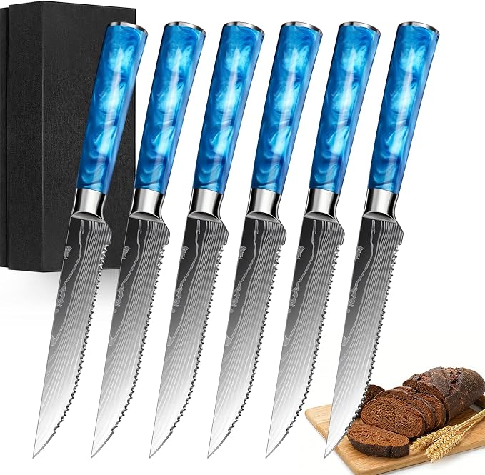 6-Piece Premium Japanese Kitchen Knife Set - Star Collection, Laser Damascus Pattern, 440A Stainless Steel Ultra Sharp for Fast Cutting (Blue 6SK)