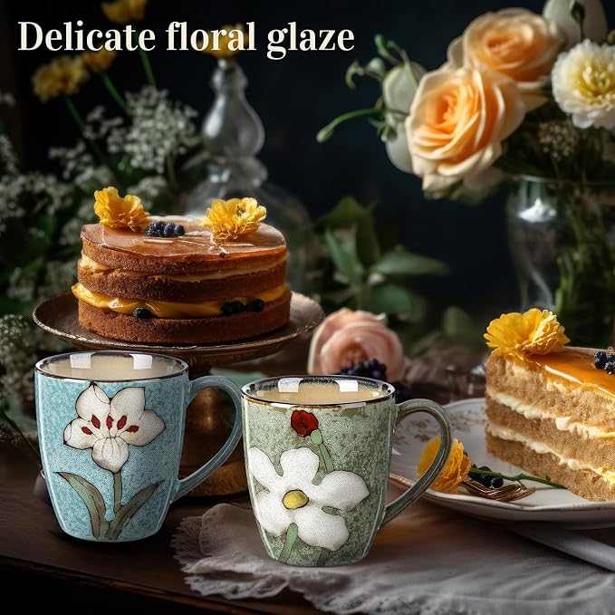 Maxdot 2 Pcs 12oz Ceramic Coffee Mugs Sets Glazing Process Cappuccino Mug Floral Ceramic Tea Cups Idea Gift Set for Women Porcelain Cup for Coffee, Cocoa, Tea, Latte (Retro) (Fresh)