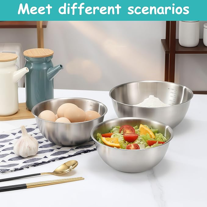 Stainless Steel Mixing Bowls Set of 3, 1.5/2.5/4 Qt Metal Mixing Bowl Set for Baking, Salad, Cooking & Meal Prep, Nesting Stainless Steel Bowls with Measurement Marks, Dishwasher Safe