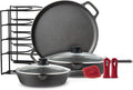 Cuisinel Cast Iron Cookware Set - 6-Pieces Pre-Seasoned Kit: 10"+12" Skillet + Glass Lids + Pizza Pan + Pan Rack Organizer + Silicone Handle Covers + Scraper/Cleaner - Grill, Camping, Indoor/Outdoor
