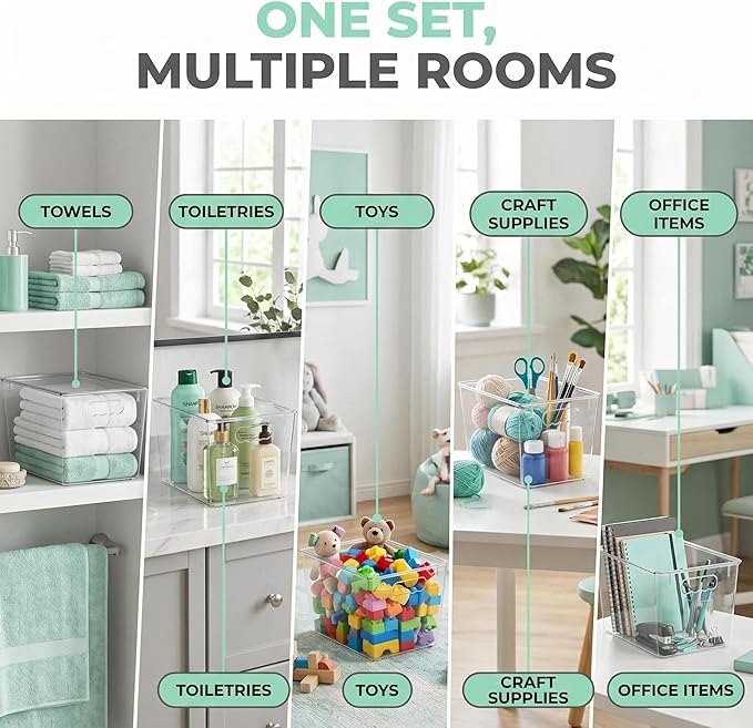 YAN & HIN 6 Pack Clear Storage Bins with Lids, Stackable Plastic Organizer Bins with Handles, Pantry Organizers and Storage for Kitchen Cabinet, Fridge, Bathroom, Closet and Shelf Organization