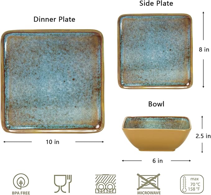 Square Melamine Dinnerware Sets of 12 Pcs,Square Plates and Bowls Sets,Unbreakable Dish Set for 4,Lightweight, Dishwasher Safe and BPA Free,Suit for RV,Camping