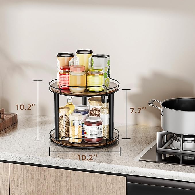 LAMU 2 Tier 9'' Lazy Susan and 10.2'' Wood Lazy Susan Turntable Organizer for Cabinet