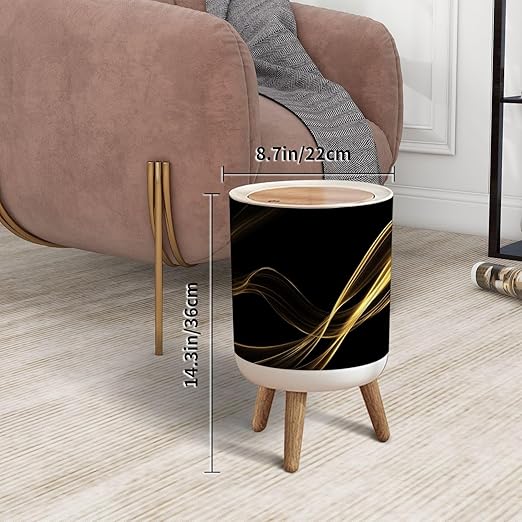 Trash Can with Lid Marble texture wall surface black gold ink graphic granite abstract Press Top Round Small Garbage Bin with Wooden Legs Waste Basket for Kitchen Bedroom Nursery 7L/1.8 Gallon
