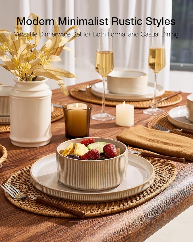 Famiware Star 8-Piece Stoneware Dinnerware Set for 4 – 10.5" Flat Dinner Plates & 23 oz Deep Cereal Bowls, Everyday & Formal Use, Chip & Scratch Resistant, Microwave/Dishwasher Safe, Cappuccino White