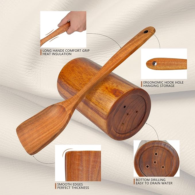 Brosisincorp Natural Teak Wood Spoons for Cooking with Holder 7 Pcs, Comfortable Grip Wooden Kitchen Utensils Set Scratch-Free Smooth Finish for Non-Stick Cookware